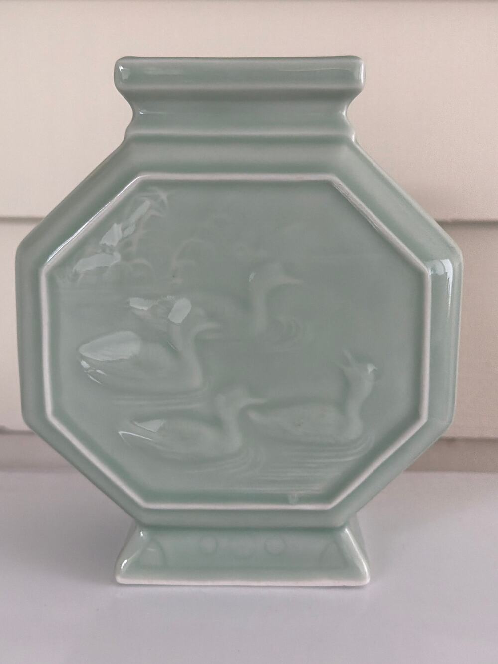 Vintage Japanese Celadon Glaze Hexagon Porcelain Vase With Bird and Duck Motif